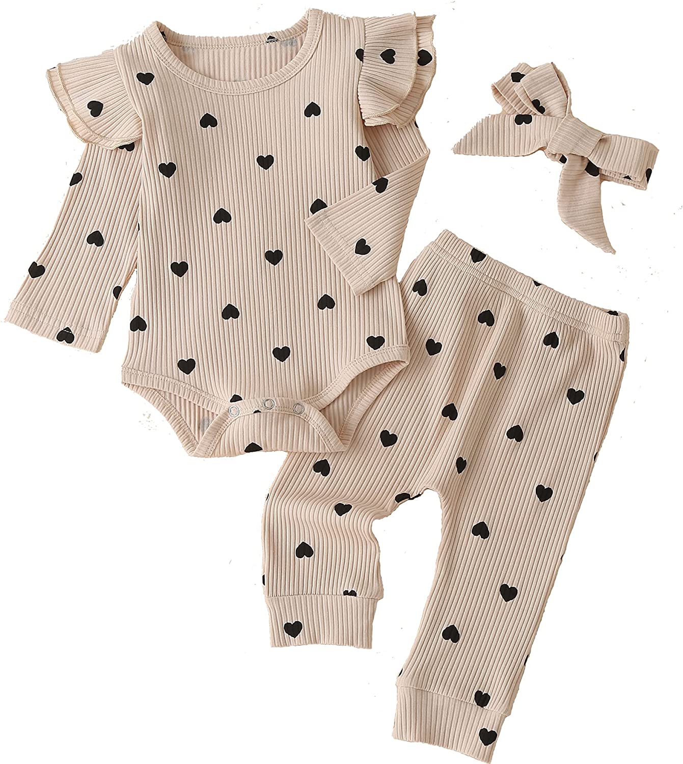 Baby Girl's 3pc Rib Frill Long Sleeve Romper and Pant Set