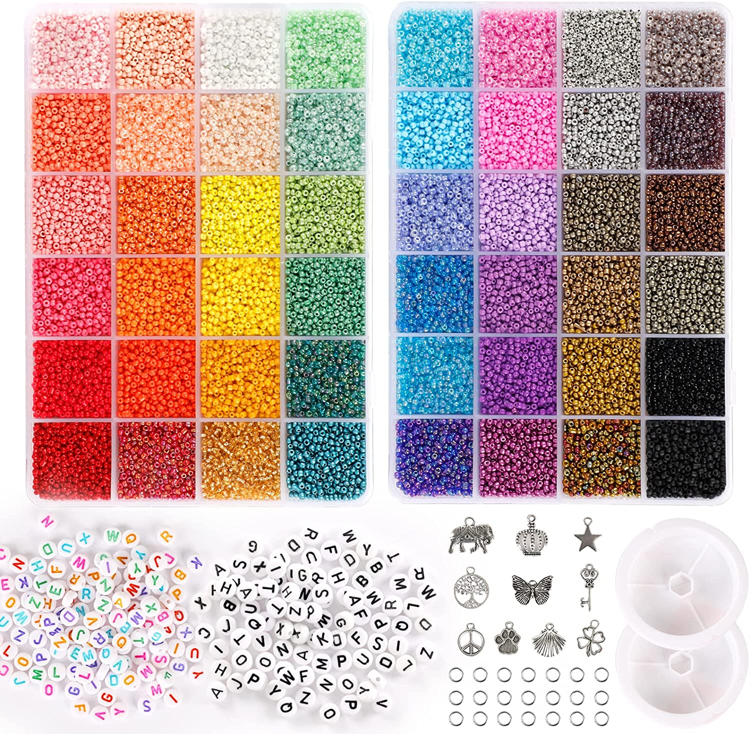 Quefe 36000pcs Glass Seed Beads 2mm Beads 48 Colors 12/0 Small Bracelets Beads and 260 Letter Beads for Jewelry Making Crafts