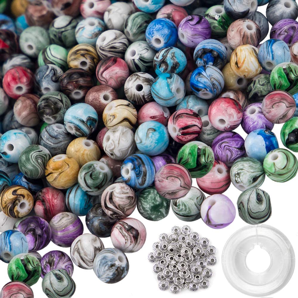 Quefe 500pcs Craft Beads for Jewelry Making, for Bracelets Making,Space Acrylic Beads in Ink Patterns with 50pcs Spacer Beads and Crystal String (8mm)