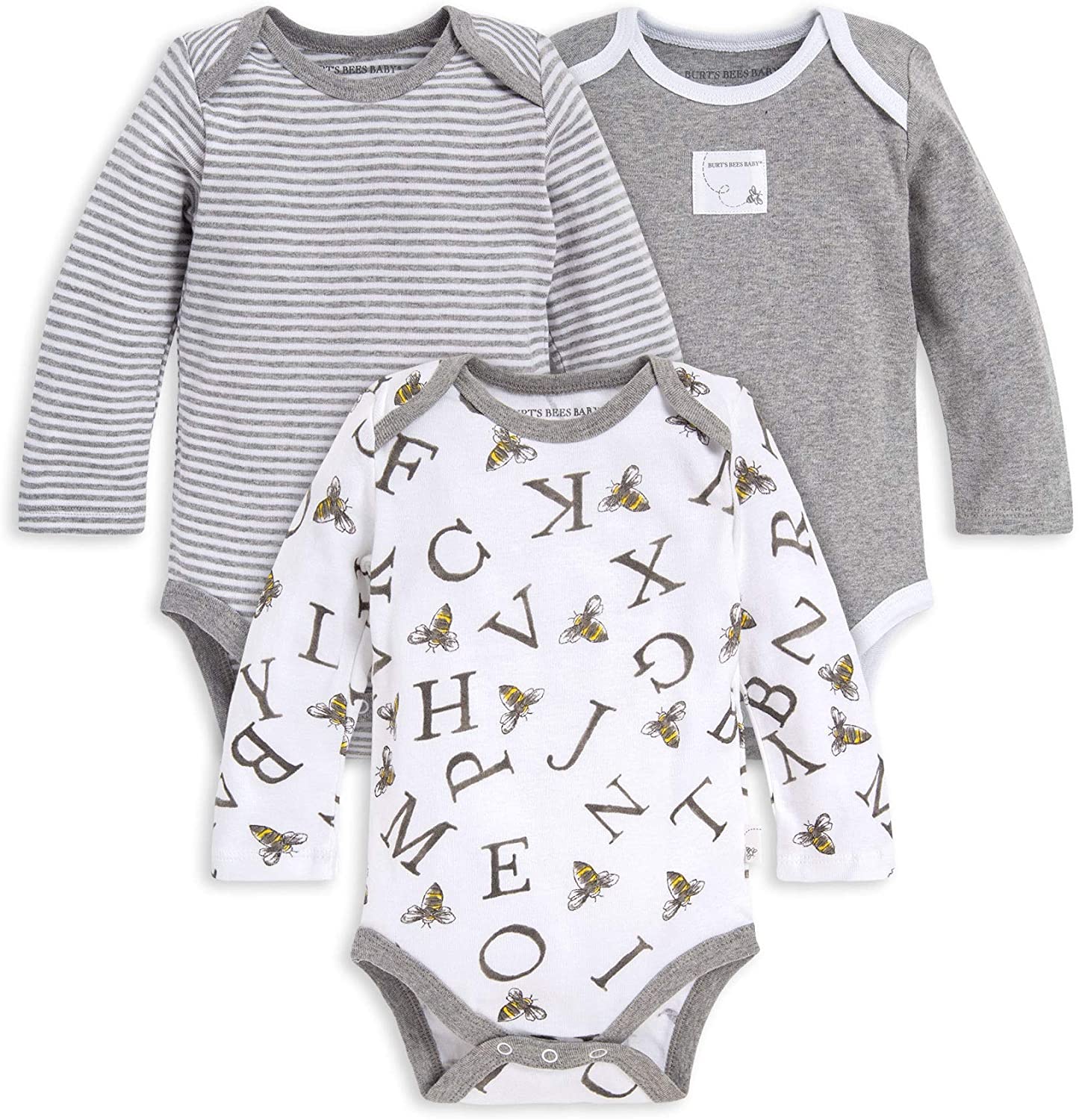 Burt's Bees Baby unisex baby Bodysuits, 3-pack Long & Short-sleeve One-pieces, 100% Organic Cotton Bodysuit, A-bee-c, 3 Months US
