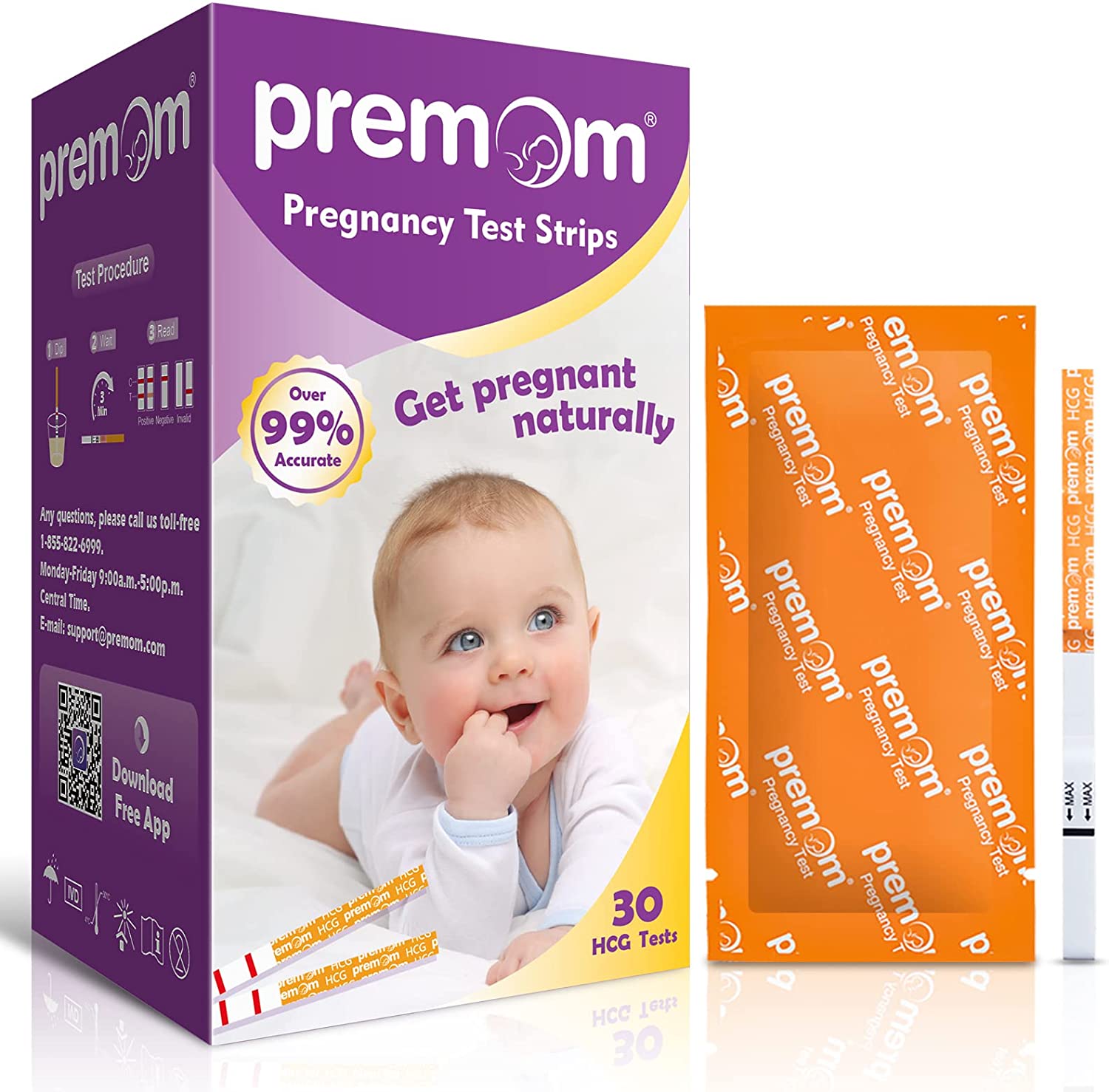 Premom Pregnancy Test Strips -30-Pack Individually Wrapped Pregnancy Test Kit- Over 99% Accurate and Powered by Premom Ovulation Predictor iOS and Android APP