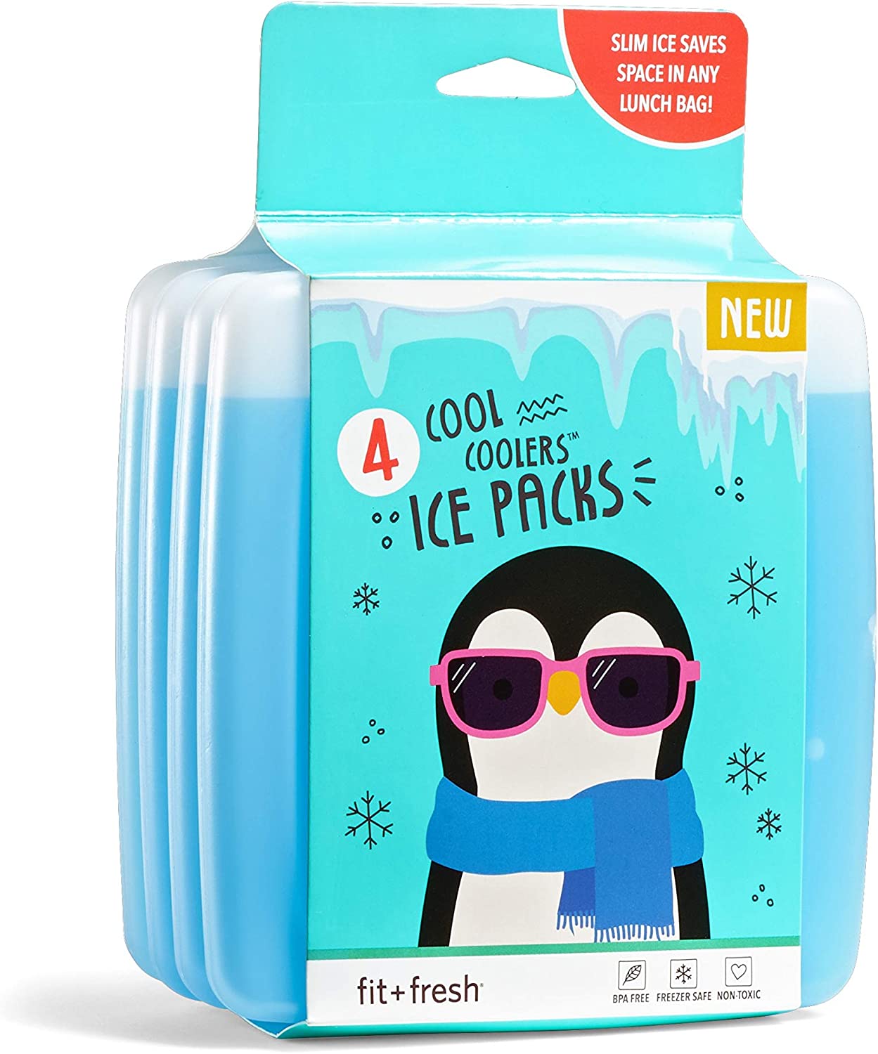 Cool Coolers by Fit + Fresh, Slim Ice Packs, Reusable & Long-Lasting, Perfect For Your Kid's Lunch Box, Camping Accessories, Insulated Lunch Bag, Beach Cooler Bag & More, 4PK, Blue