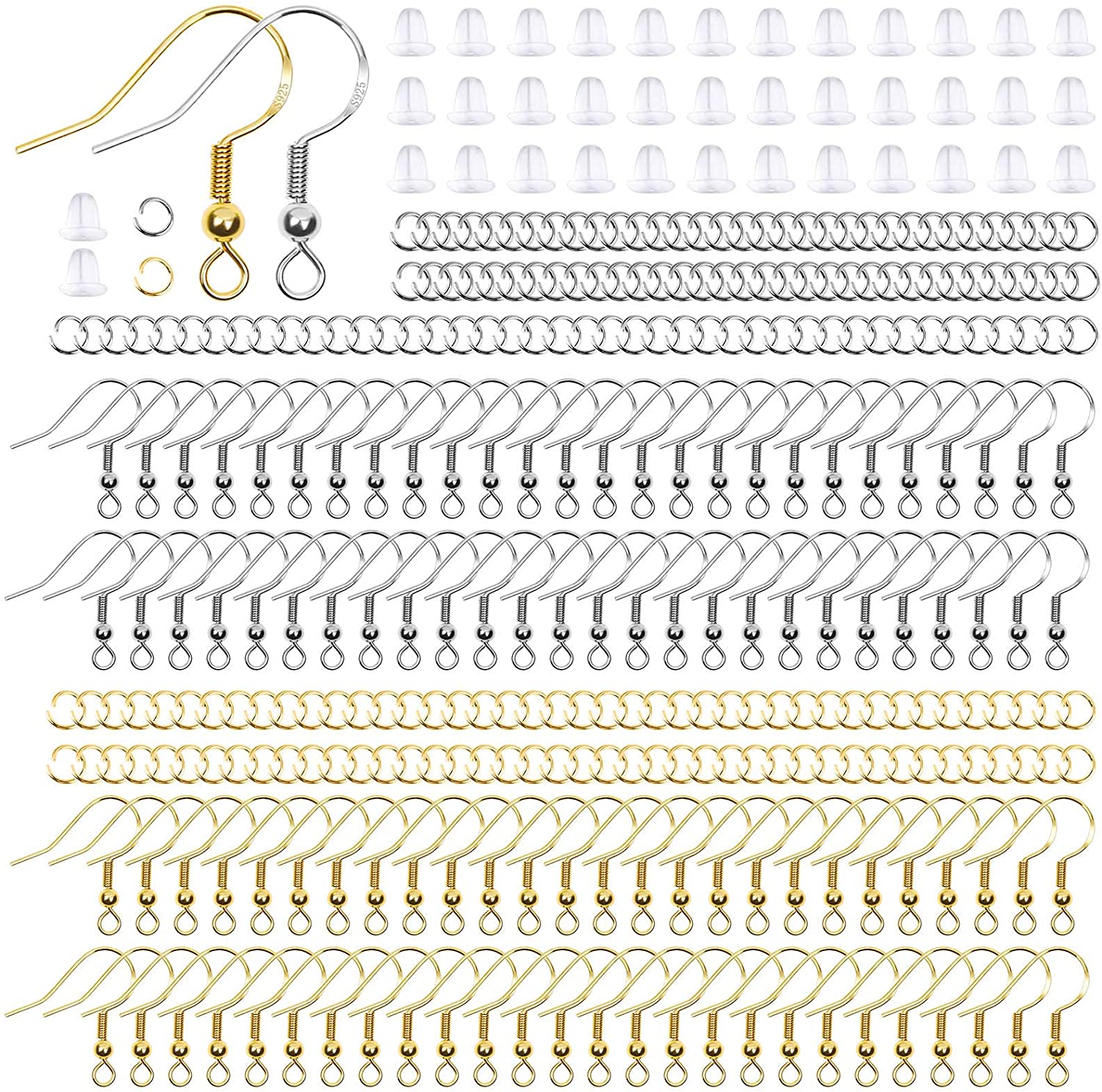 Hypoallergenic Earring Hooks, Thrilez 600Pcs Earring Making Kit with Hypoallergenic Earring Hooks, Jump Rings and Clear Rubber Earring Backs for DIY Jewelry Making (Silver and Gold)