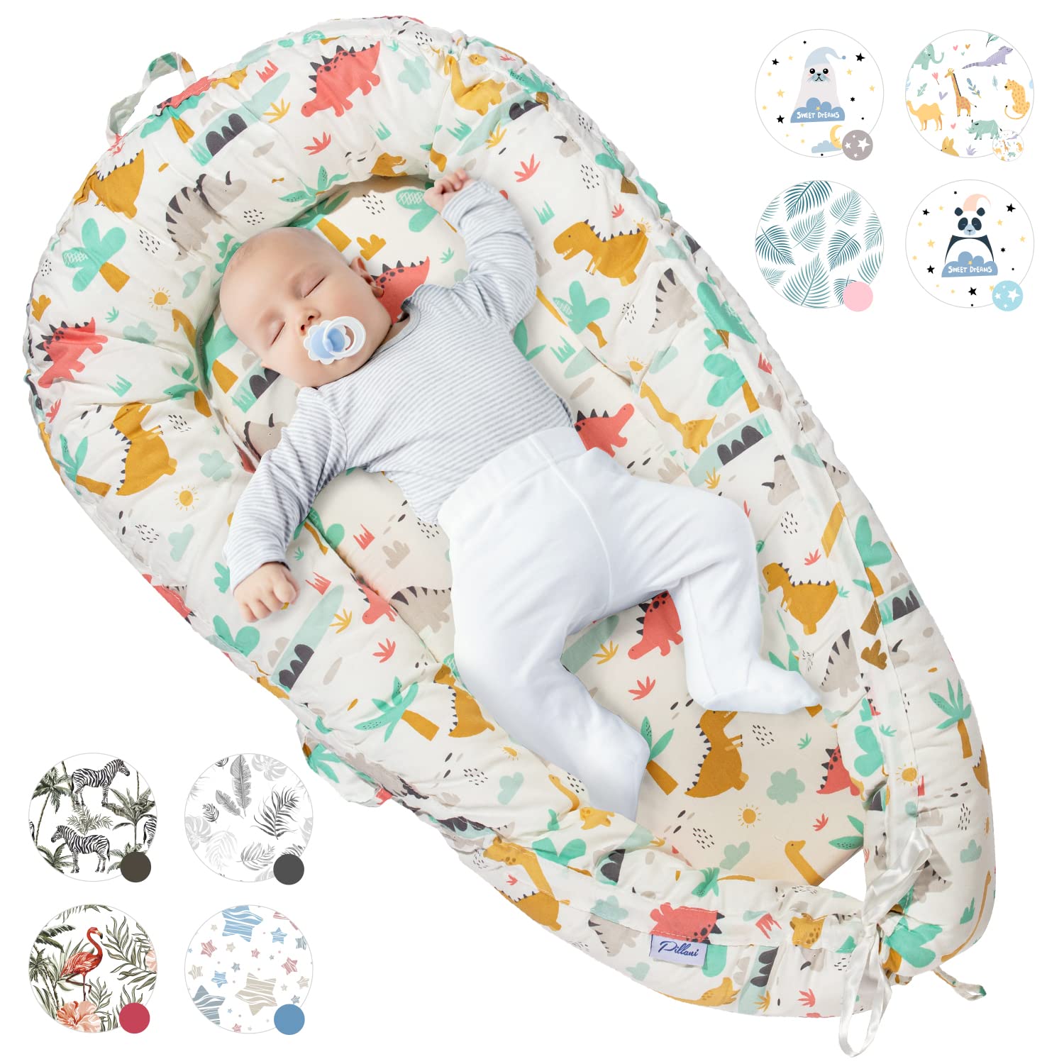 Pillani Baby Lounger - Baby Nest for 0-12 Months, Breathable Co Sleeper for Baby, Newborn Lounger for Cosleeping in Bed - Sleep Portable Bassinet, Newborn Essentials Infant Pillow (Dinosaurs)