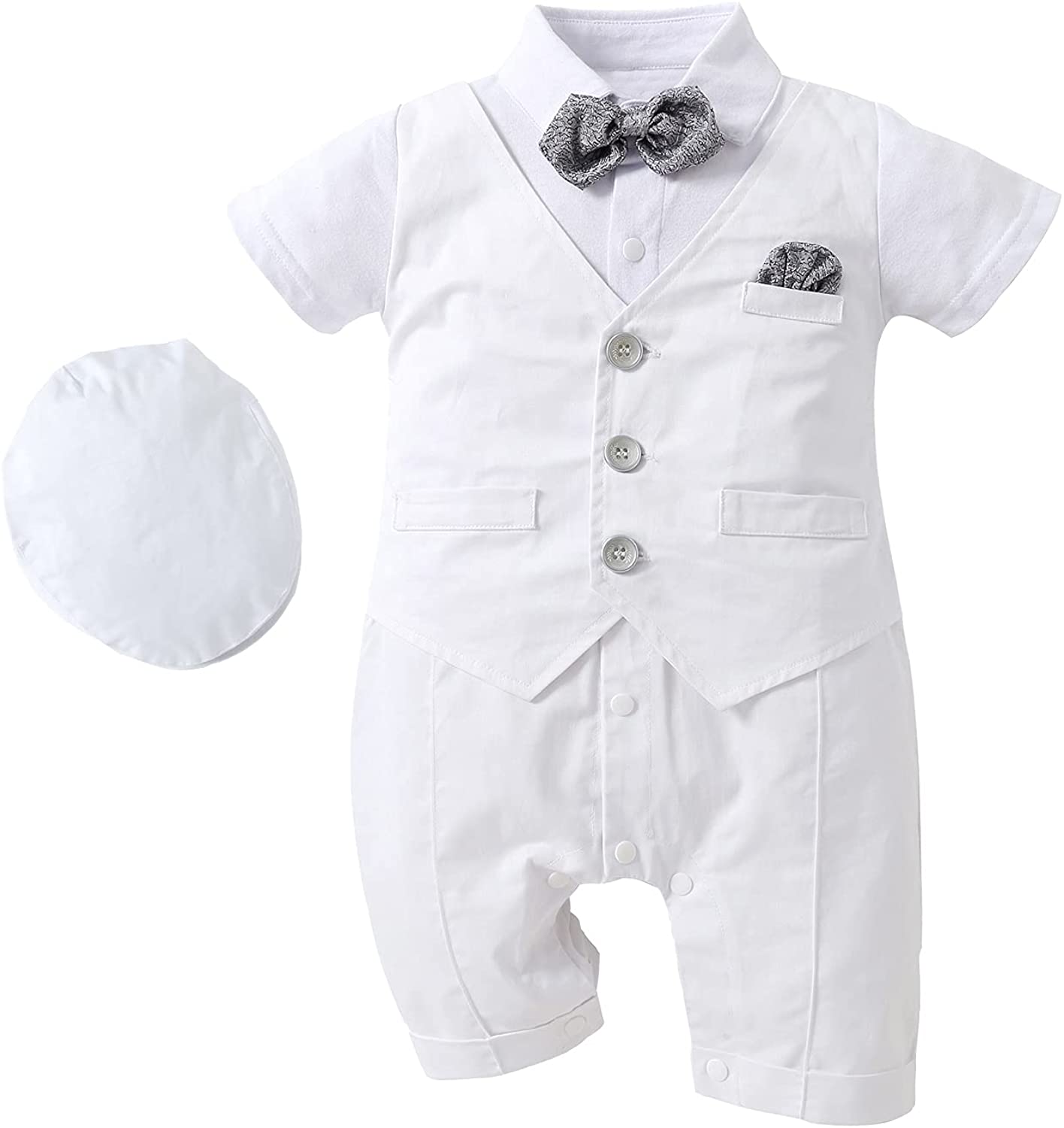 HOSUKKO Baby Boy Suit, One-Piece Romper & Vest & Beret & Bowtie (0-24 Months)