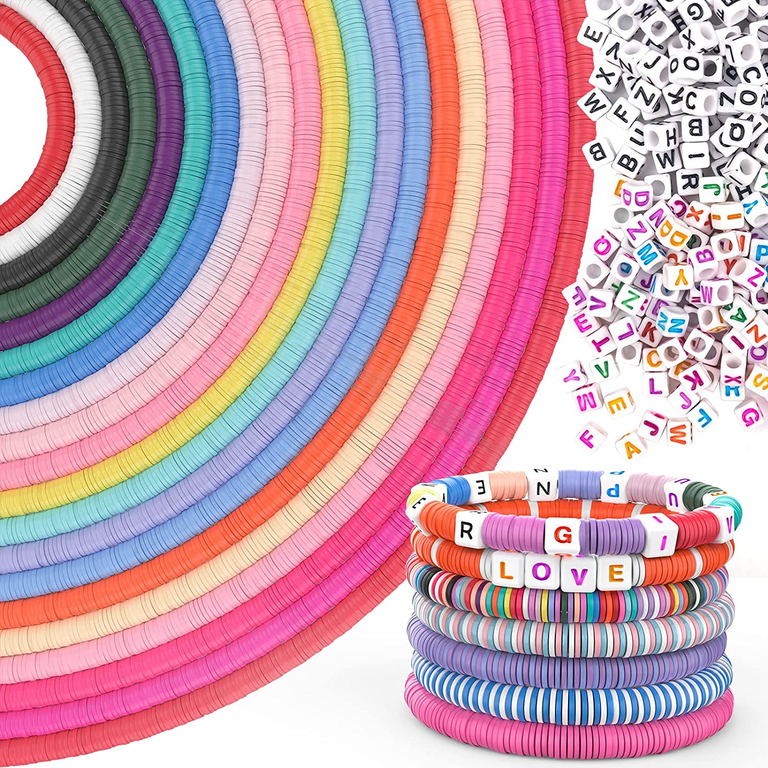 7200 Wholesale Clay Beads, Velavior 20 Strands Multi-Colored Flat Heishi Beads and Alphabet Letter Beads for Bracelet Making, Polymer Clay Beads Crafts Supplies for Jewelry Making Kit