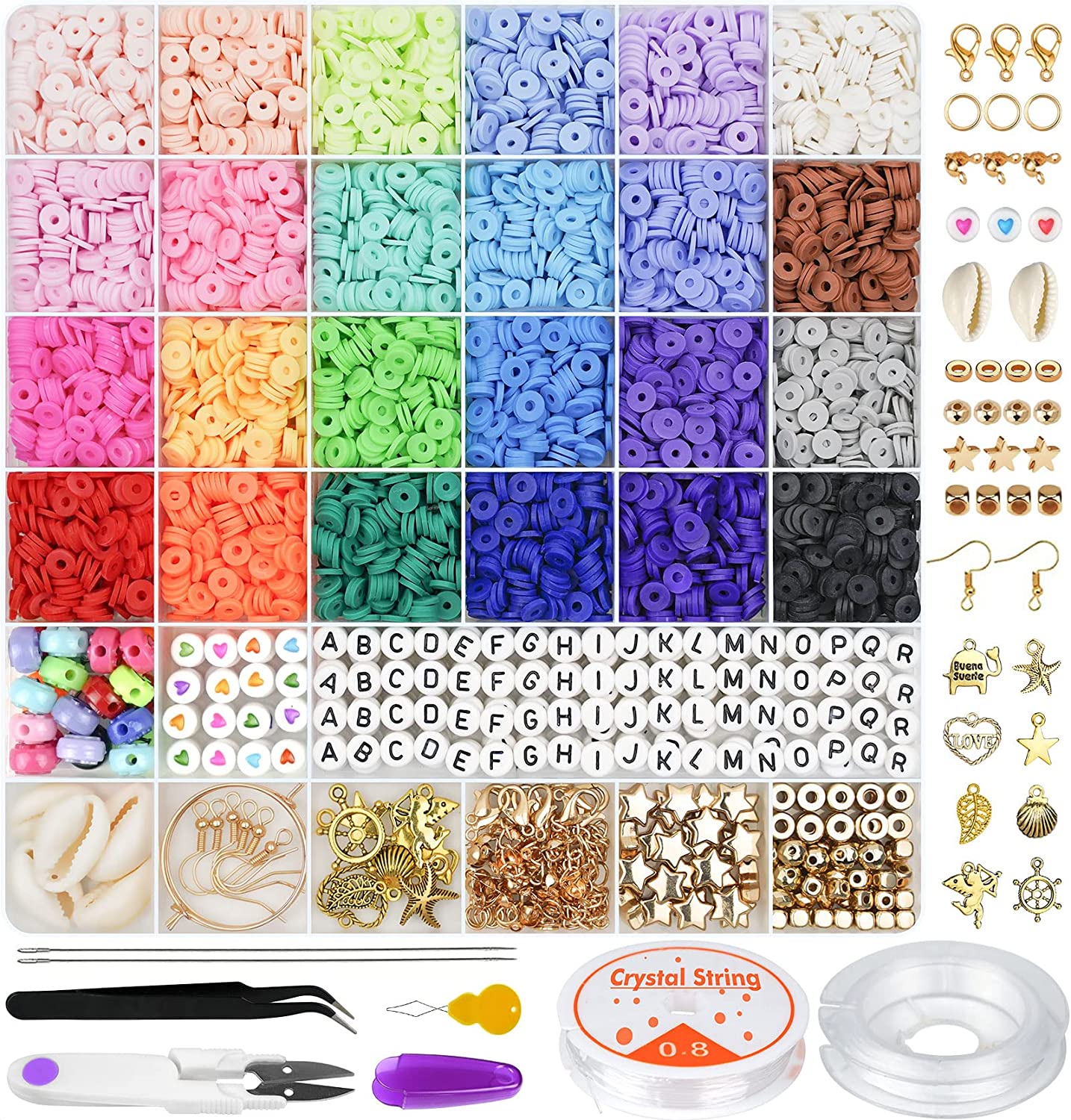 6000 Pcs Clay Beads for Bracelet Making, Gionlion 24 Colors Flat Round Polymer Clay Beads 6mm Spacer Heishi Beads with Pendant Charms Kit and Elastic Strings for Jewelry Making Kit Bracelets Necklace