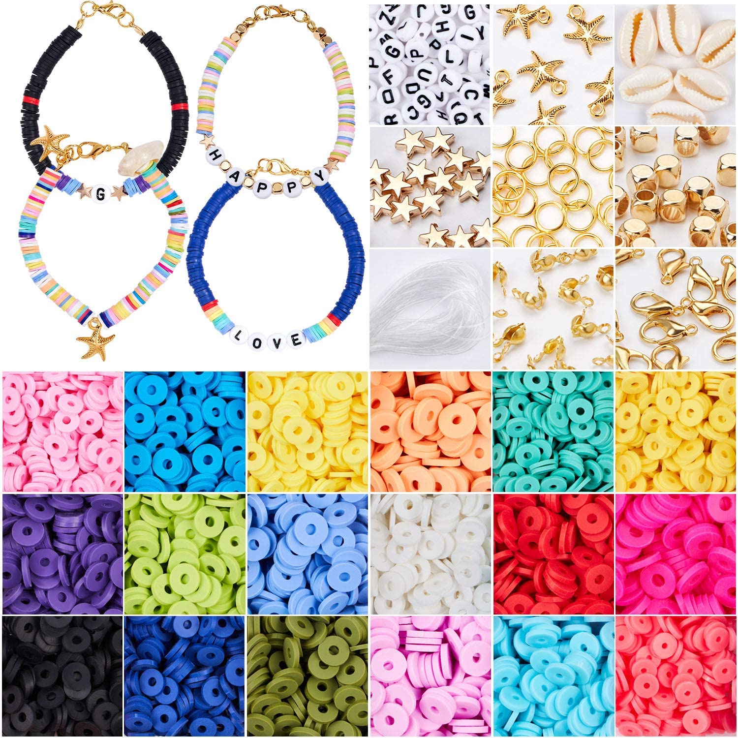 GOLRAY 4800 Pcs Flat Round Polymer Clay Spacer Beads for Jewelry Making Bracelets Necklace Earring DIY Craft Kit with Pendant and Jump Rings - Creat 30-40 Pack Bracelets (6mm 18 Colors Beads)