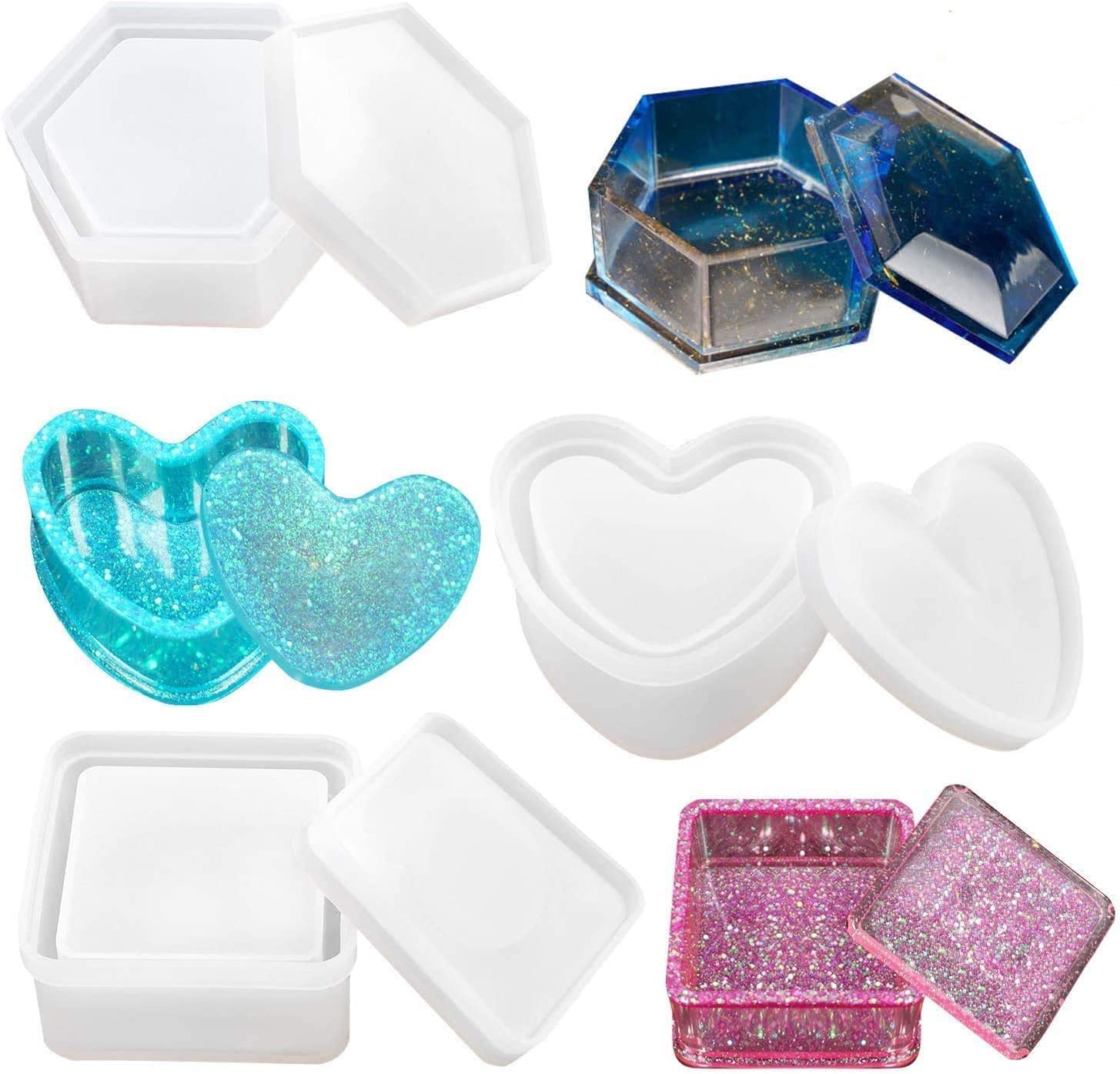 Box Resin Molds, Jewelry Box Molds with Heart Shape Silicone Resin Mold, Hexagon Storage Box Mold and Square Epoxy Molds for Making Resin Molds