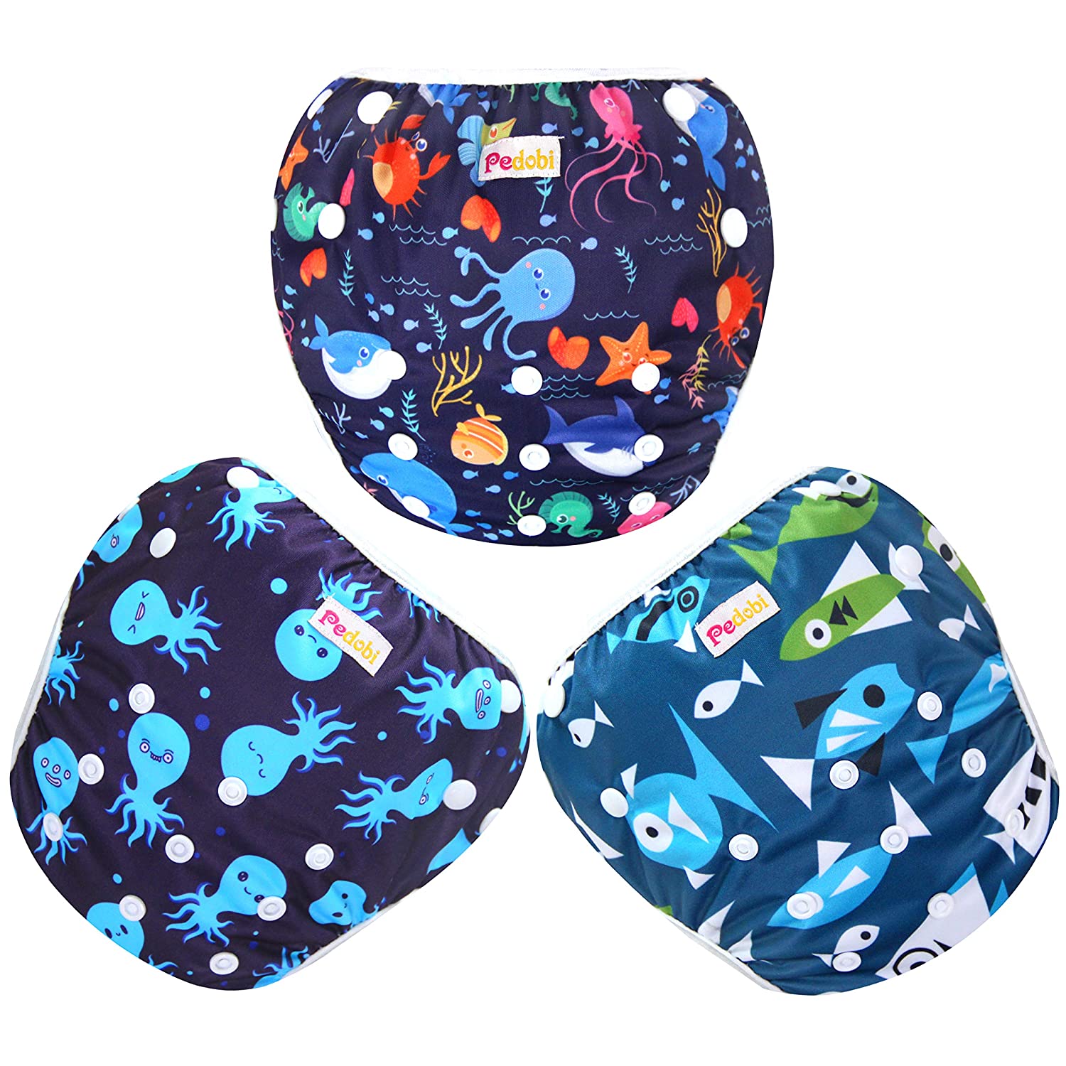 Pedobi Reusable Baby Swim Diapers, Adjustable Diaper Swim for Toddlers 9 Months - 3 Years Old, 3 Pack for Swimming Lessons (Sea World, Large)