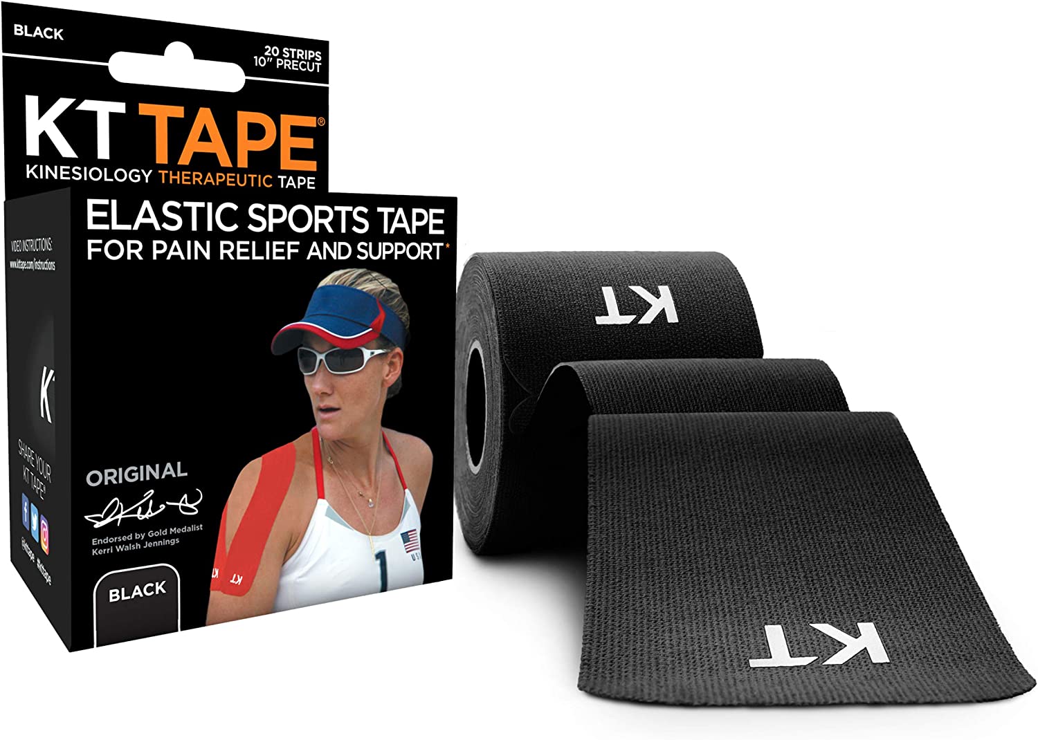 KT Tape Original Cotton Elastic Kinesiology Therapeutic Athletic Tape, 20 Pack, 10” Cut Strips