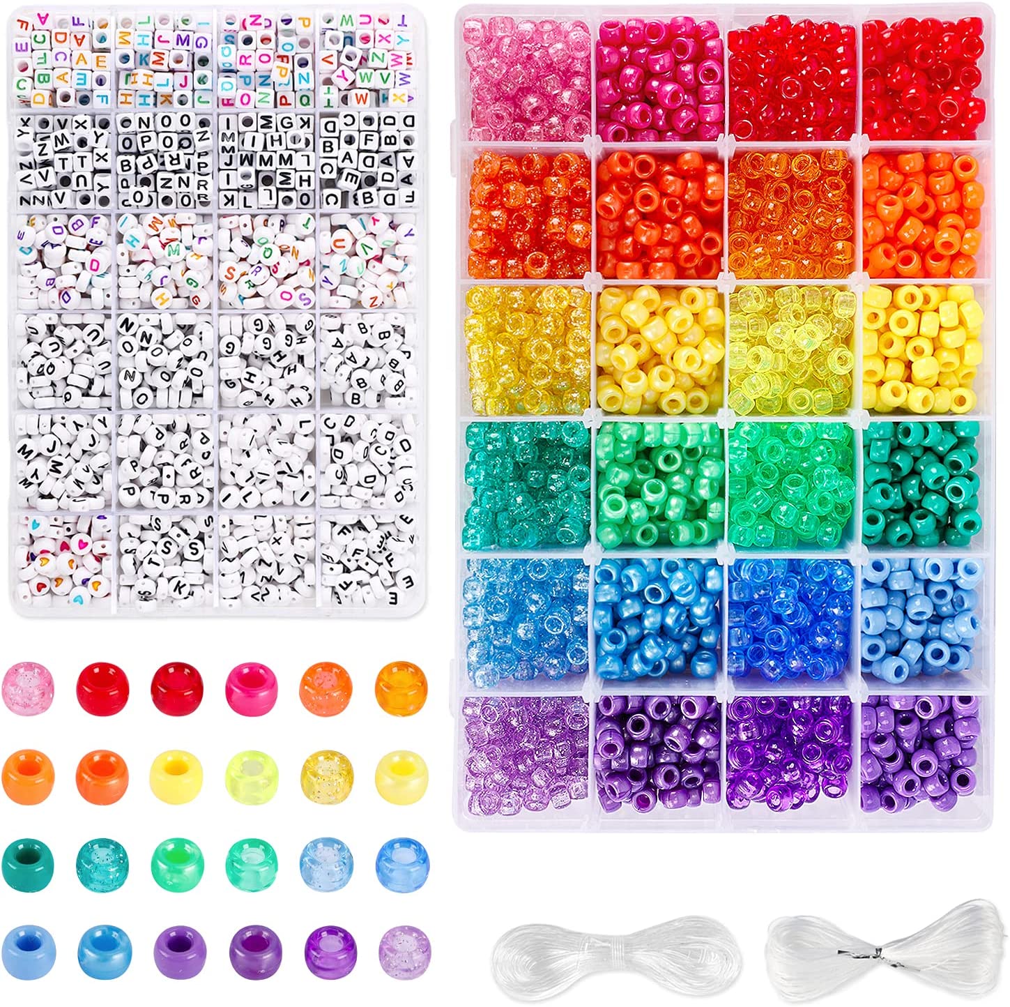 UOONY 4000pcs Pony Beads Kit, 2400pcs Rainbow Craft Beads and 1600pcs Letter Beads, 24 Colors Plastic Kandi Beads Bulk for Bracelets Jewelry Making with 20m Crystal String and 30m Elastic String
