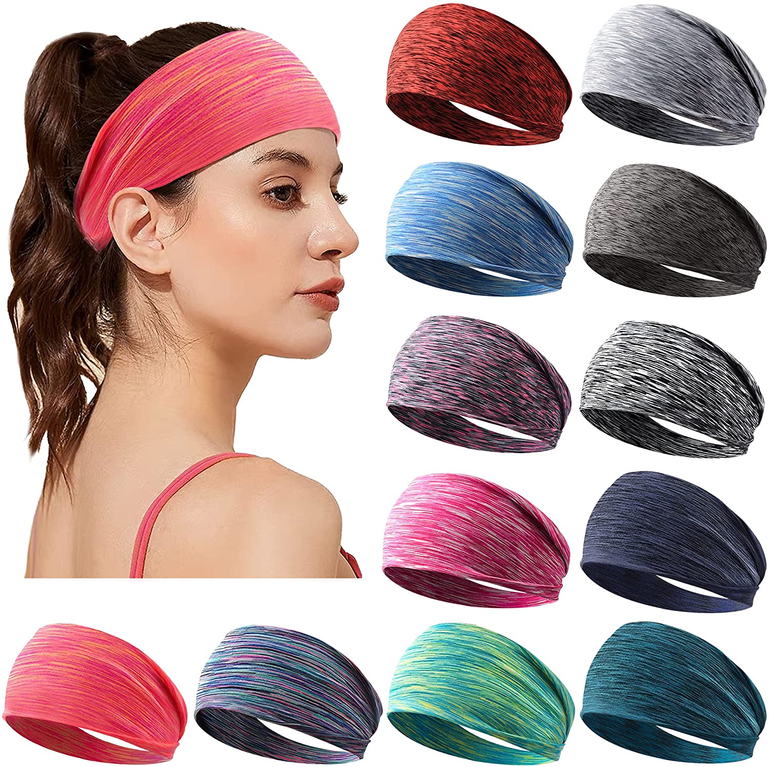 12 PCS Women's Workout Headbands Non Slip Sport Sweatbands Yoga Hairbands for Travel Fitness Athletic Elastic Moisture Wicking for Girls