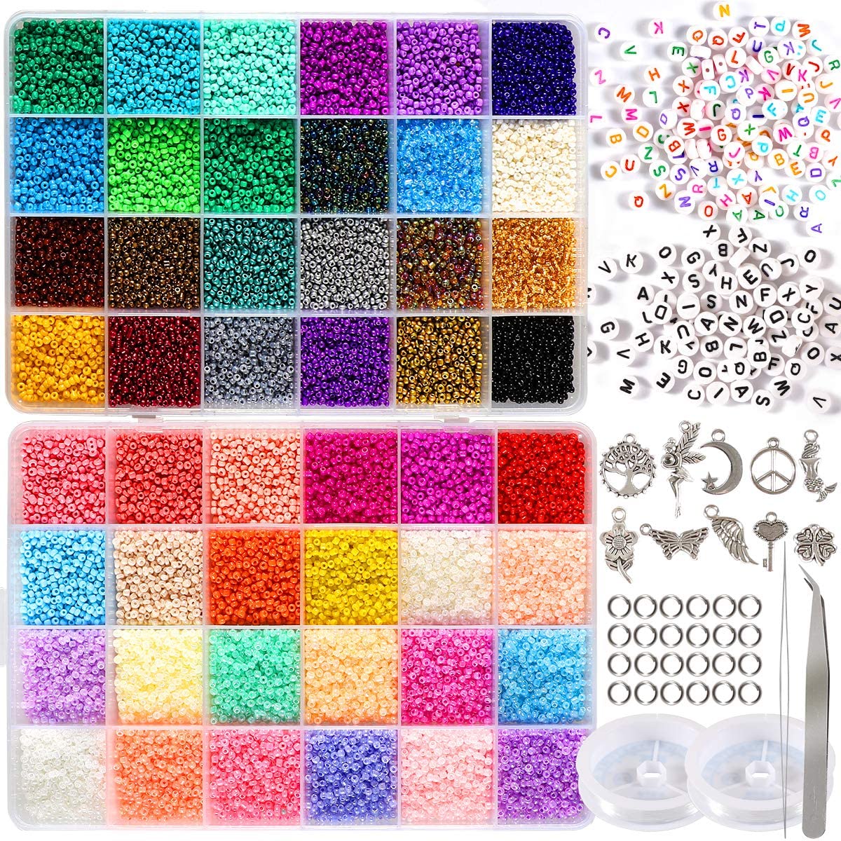 35000pcs 2mm 12/0 Glass Seed Beads for Jewelry Making Supplies Kit Small Bead Craft Set Bracelets Necklace Ring Making Kits Glass Seed Letter Alphabet Beads Charms Pendants DIY Art Craft Kit for Girls