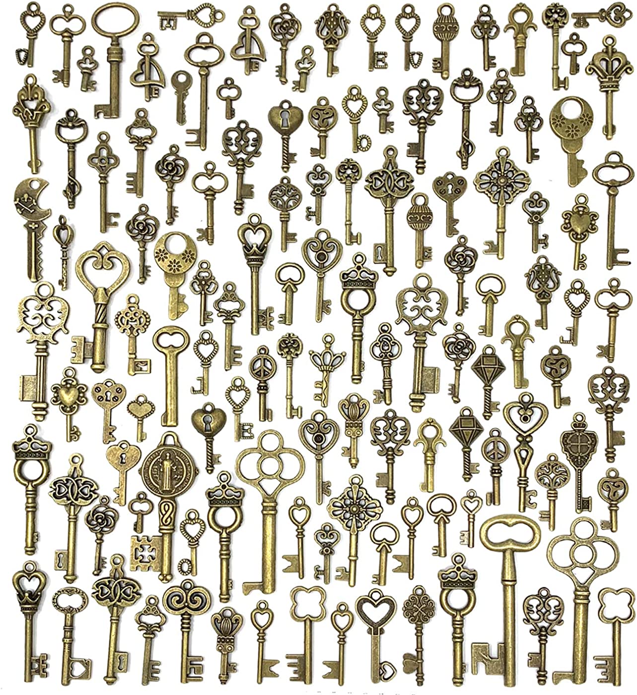 125 PCS Vintage Skeleton Key Set Charms, JIALEEY Mixed Antique Style Bronze Brass Key Set Charms for Pendant DIY Jewelry Making Wedding Party Favors