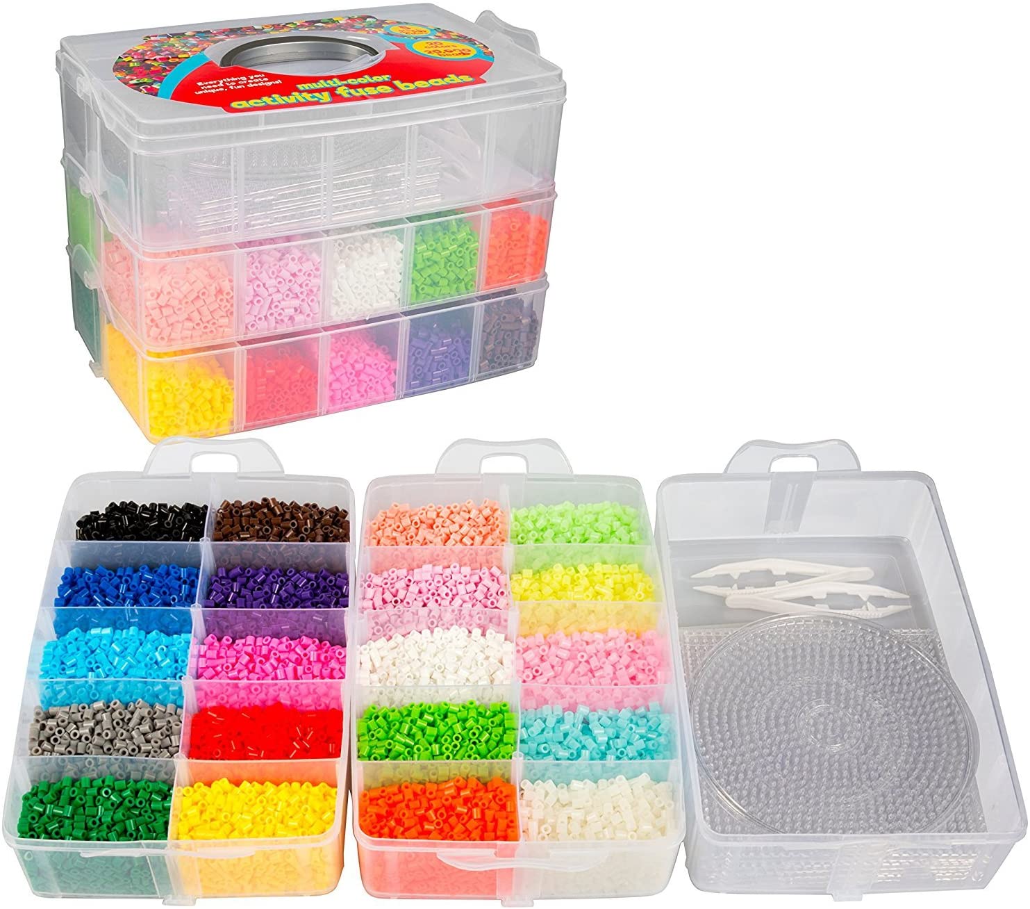 20,000 Fuse Beads Master Creativity Builder Kit- 20 Presorted Colors (5 Glow in The Dark) w Tweezers, Peg Boards, Ironing Paper, Case - Works with Perler Beads, Pixel Art Project