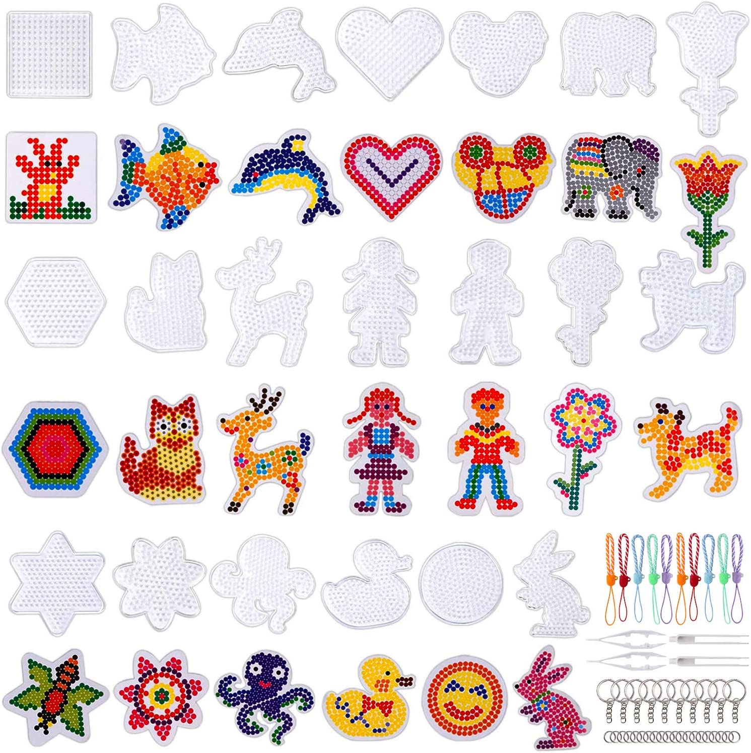 20 Pieces 5mm Fuse Beads Pegboards Clear Plastic Pegboards Craft Tray with 20 Pieces Colorful Cards, 4 Pieces White Beads Tweezers, 10 Keychains, 10 Hang Ropes, 20 Hang Circle for Kids DIY Craft Beads