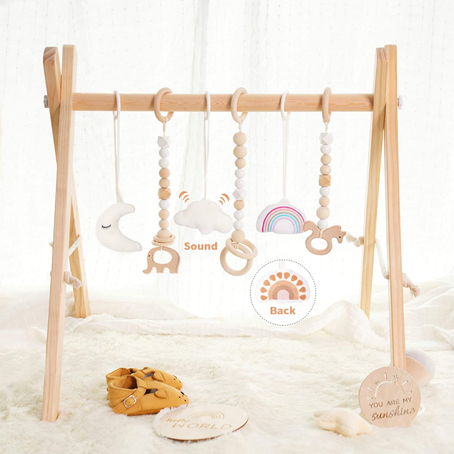 Baby Play Gym Wooden Baby Gym with 6 Toys Foldable Play Gym Frame Activity Gym Hanging Bar Baby Toy White