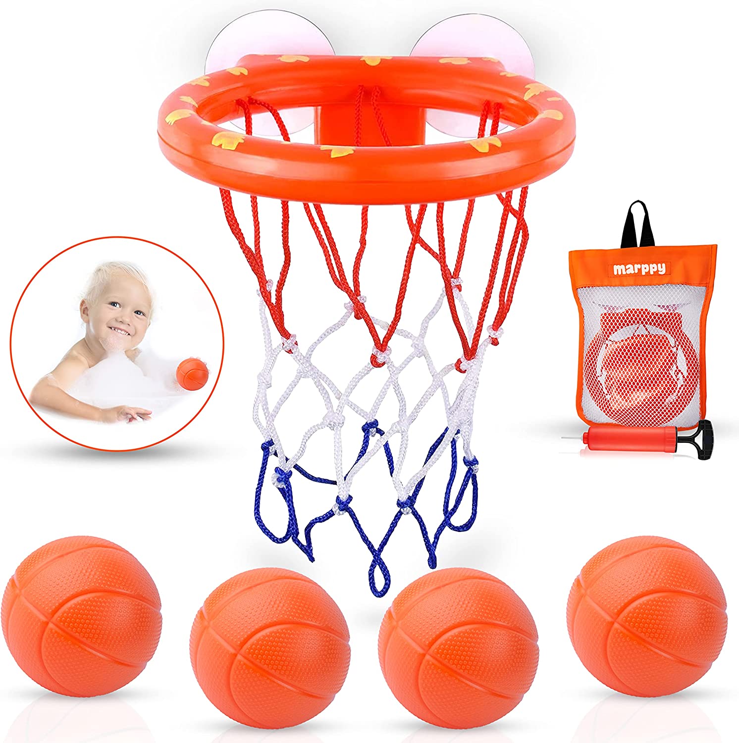 MARPPY Bath Toys, Bathtub Basketball Hoop for Toddlers Kids, Boys and Girls with 4 Soft Balls Set & Strong Suction Cup, Bathtub Shooting Game & Fun Toddlers Bath Toys for Boys or Girls