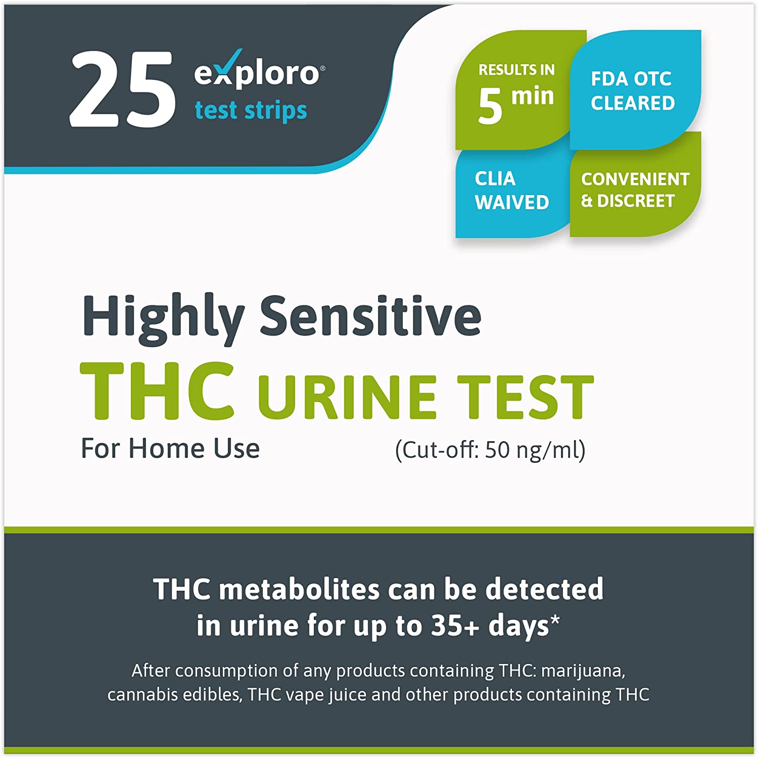 Exploro Highly Sensitive Marijuana Drug Test for Home Use - Detects THC Metabolites in Urine for up to 35+ Days - Accurate Results in 5 Minutes - 25 Strips with Cut-Off Level of 50 ng/ml
