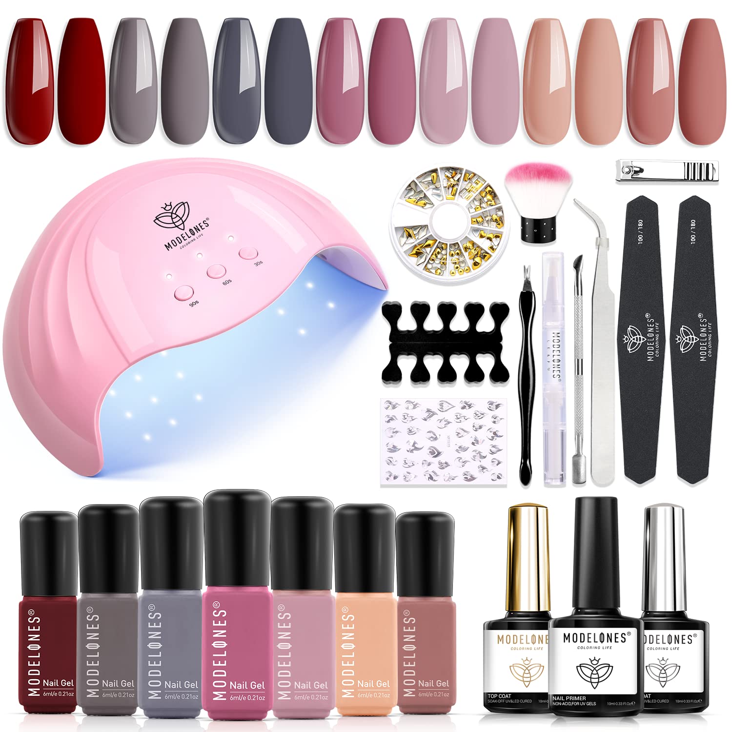 Modelones Gel Nail Polish Kit with U V Light 48W Nail Dryer 7 Nude Colors Gel Nail Polish Set, No Wipe Base Top Coat, Nail Primer, Nail Art Decorations, Integrated Manicure Tools Kit,Gift for Women