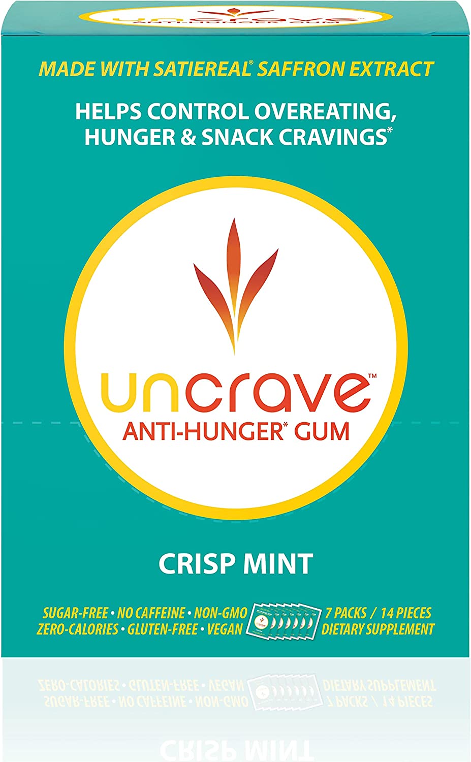 UnCrave Anti-Hunger Gum with Satiereal Saffron Extract - Control Compulsive Snacking, Overeating and Cravings for Healthy Weight Management - Improve Mood - Crisp Mint, Box of 7 Packs