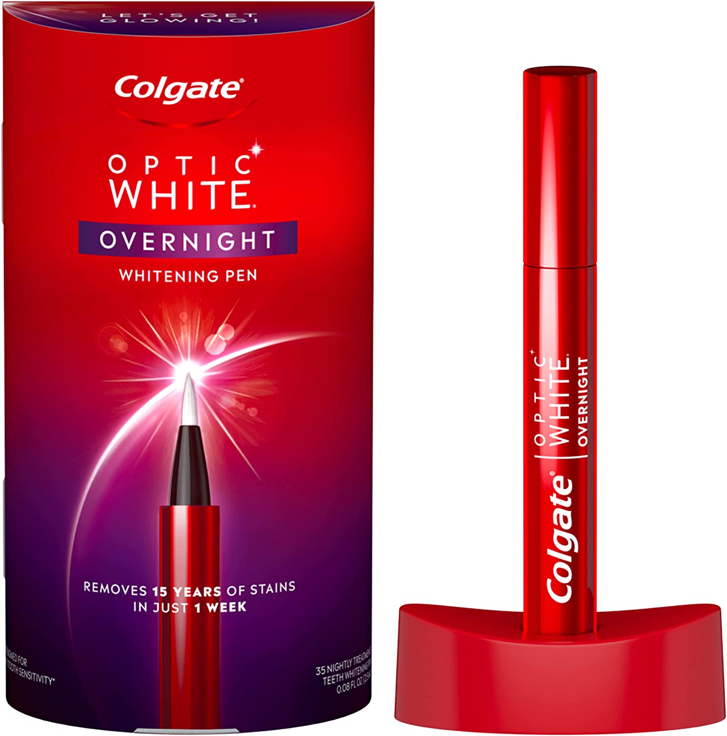Colgate Optic White Overnight Teeth Whitening Pen, Teeth Stain Remover to Whiten Teeth, 35 Nightly Treatments, 0.08 Fl Oz