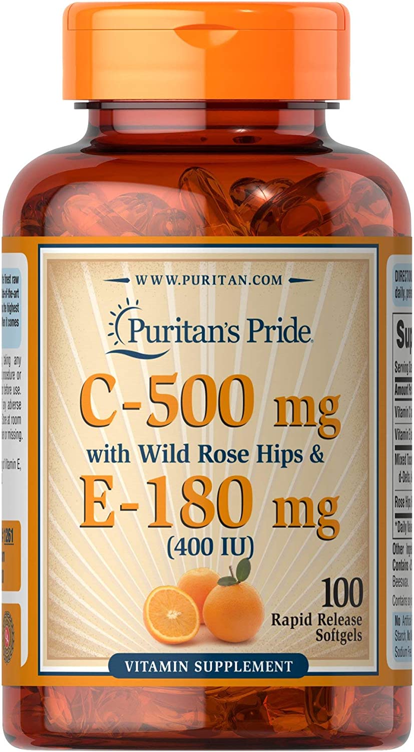 Puritans Pride Vitmain C 500 mg & E 180 mg with Rose Hips for Immune & Antioxidant Support by Puritan's Pe for Healthy Skin and Immune System Support, 100 Softgels