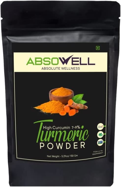 Absowell Turmeric Root Powder in Resealable Bag- High Curcumin 7-9%, Lead- Free, Non GMO, Natural, Great Taste & Flavor for Seasoning, 5.3oz