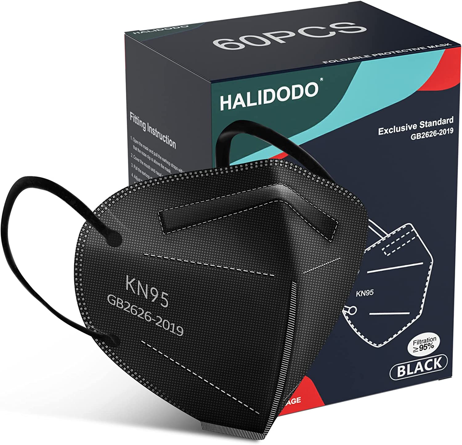 HALIDODO Individually Wrapped, 60 Packs KN95 Face Mask, 5-Ply Breathable Comfortable Safety Mask with Over 95% Filtering