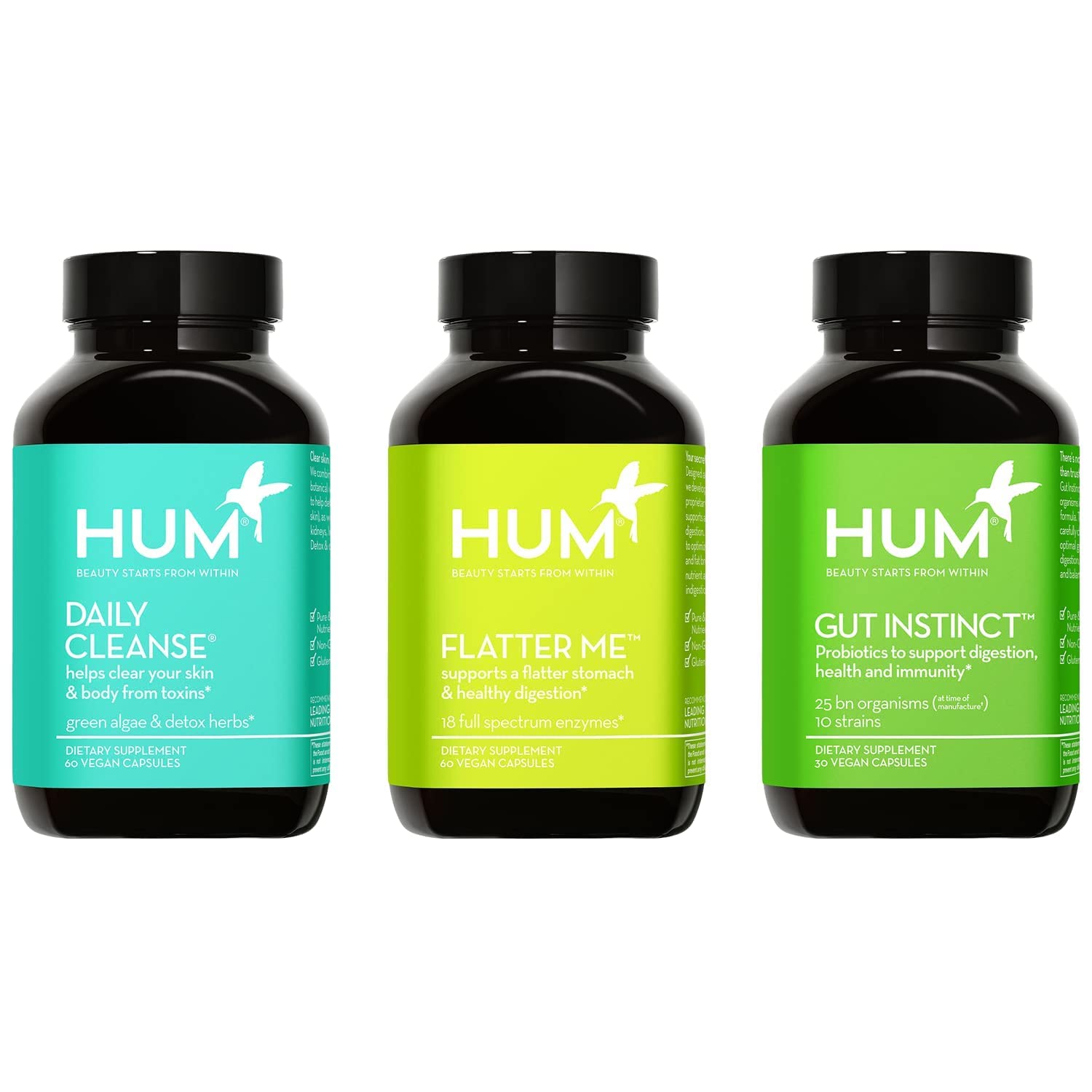 HUM Digestion and Detox Support Supplement Set with Daily Cleanse Clear Skin Supplement, Flatter Me Digestion Support and Gut Instinct for a Balanced Gut - 3-Piece Supplement Set by HUM Nutrition