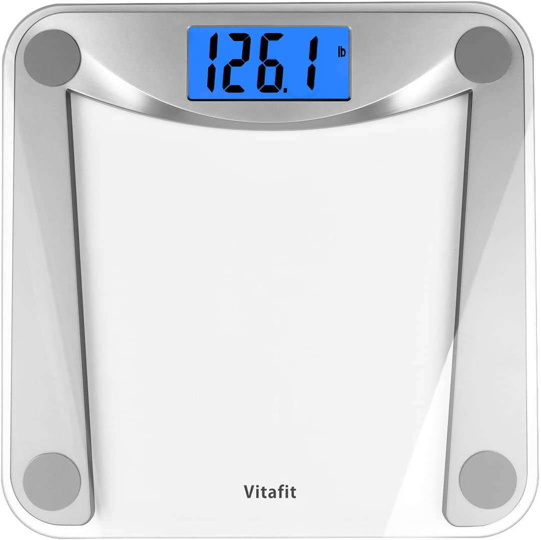 Vitafit Digital Body Weight Bathroom Scale,Focusing on High Precision Technology for Weighing Over 20 Years, Extra Large Blue Backlit LCD and Step-On, Batteries Included, 400lb/180kg,Clear Glass