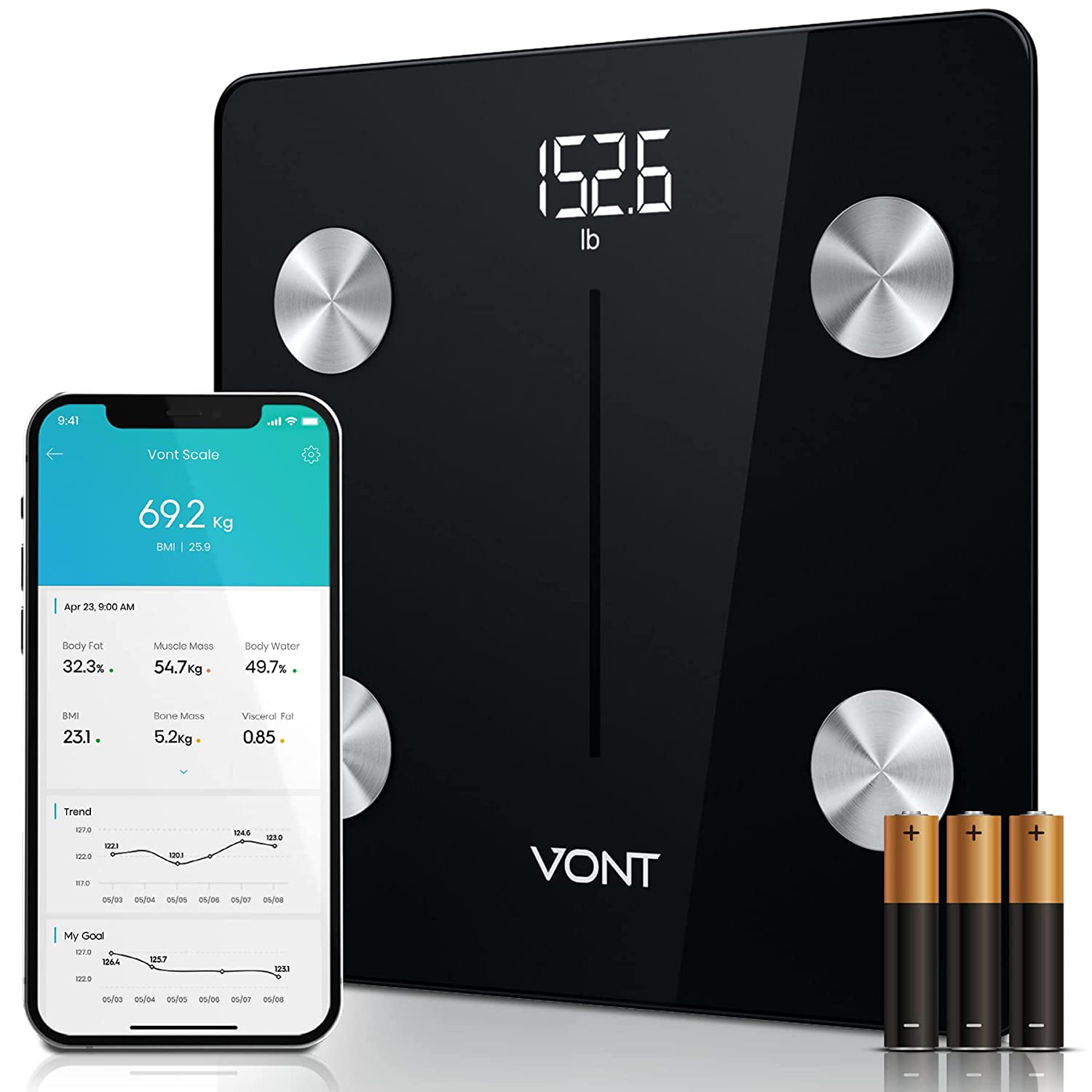 Vont Smart Scale, Wireless Body Fat Scale, Weight Scale, BMI Digital Bathroom Scale, Precise Bluetooth Scale for Weight Loss & Body Weight, 13 Measurements, LCD Backlight Display, 400 lbs (Black)