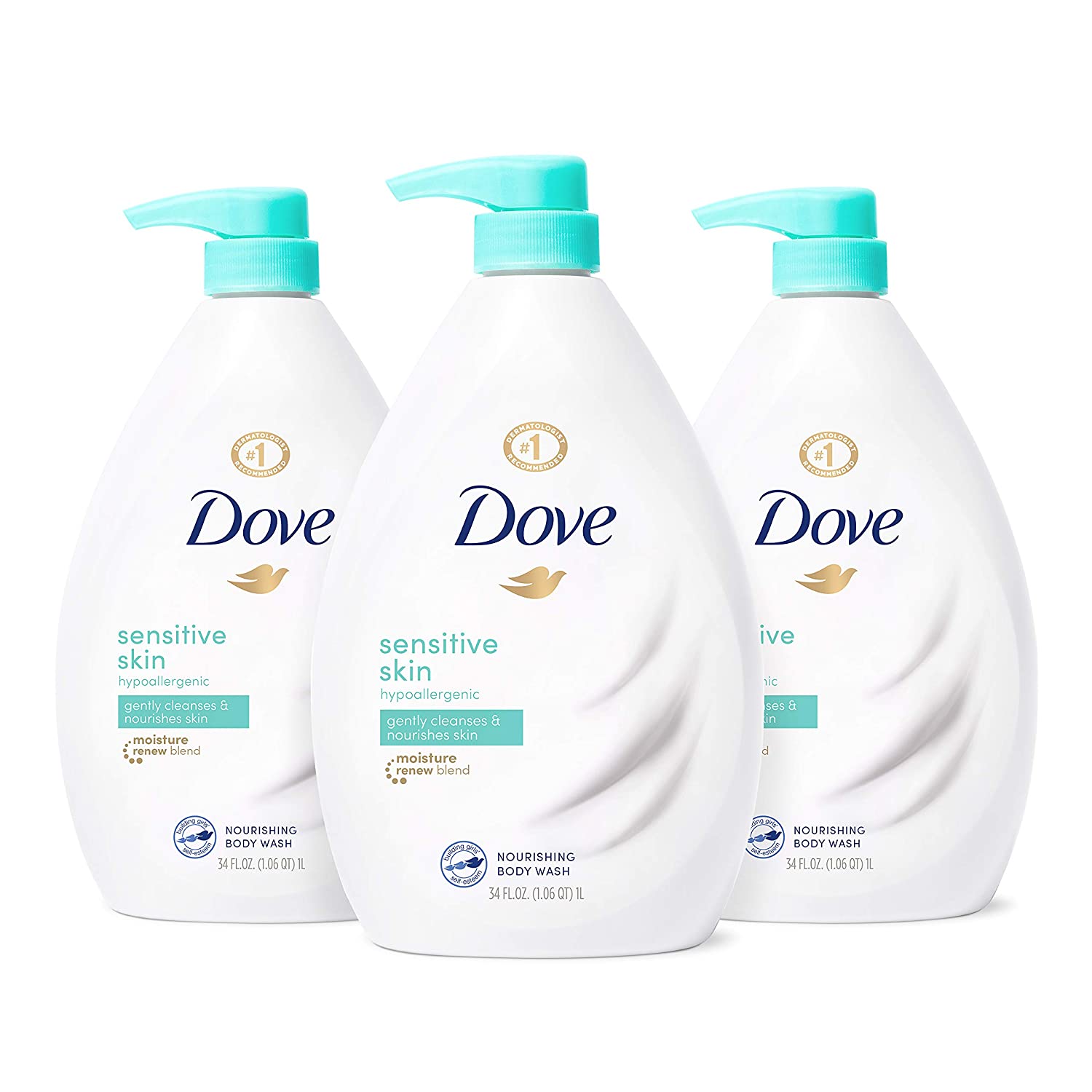 Dove Body Wash Hypoallergenic and Sulfate Free Body Wash Sensitive Skin Effectively Washes Away Bacteria While Nourishing Your Skin 34 oz 3 Count