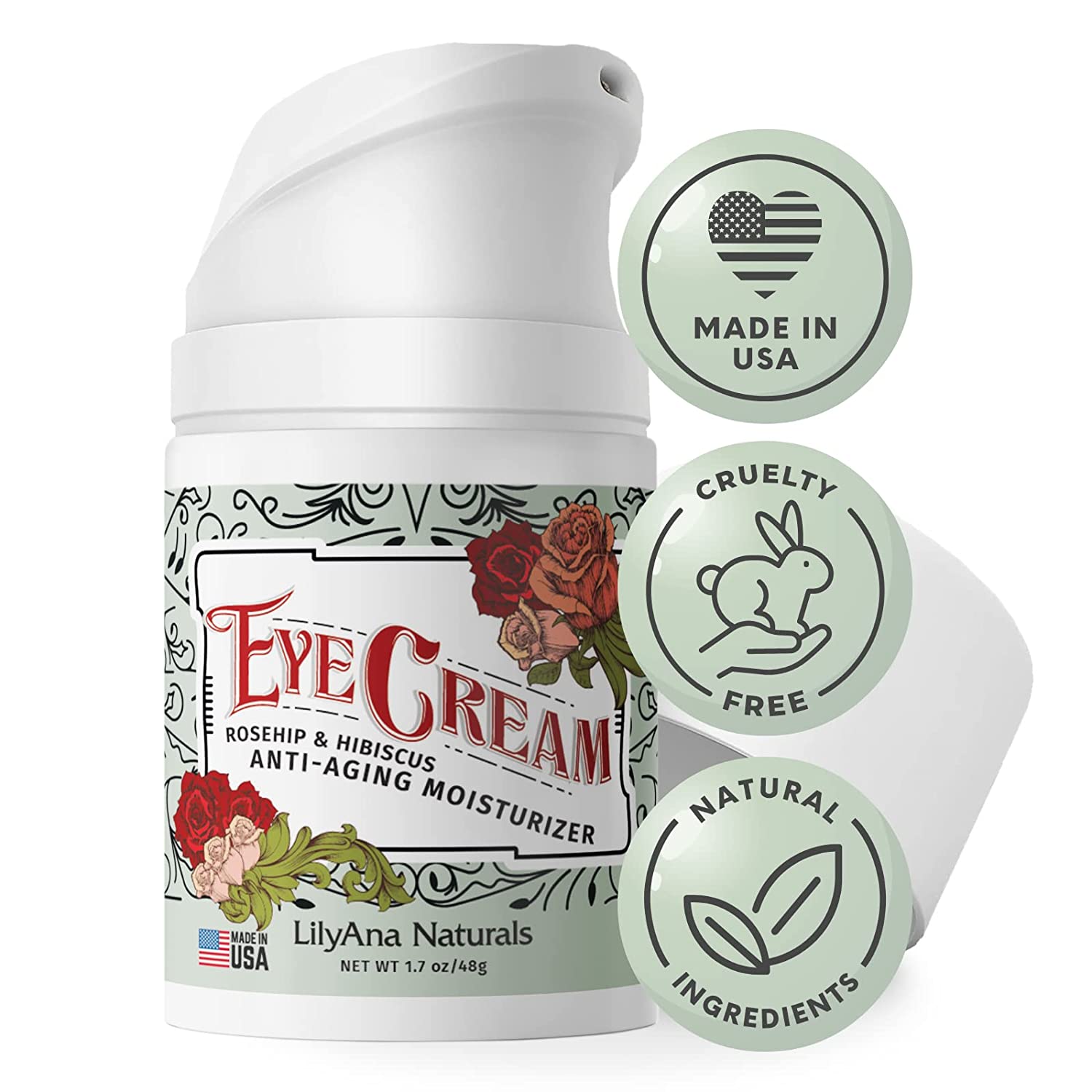 LilyAna Naturals Eye Cream - 2-Month Supply - Made in USA, Eye Cream for Dark Circles and Puffiness, Under Eye Cream, Anti Aging Eye Cream, Improve the look of Fine Lines and Wrinkles, Rosehip and Hib