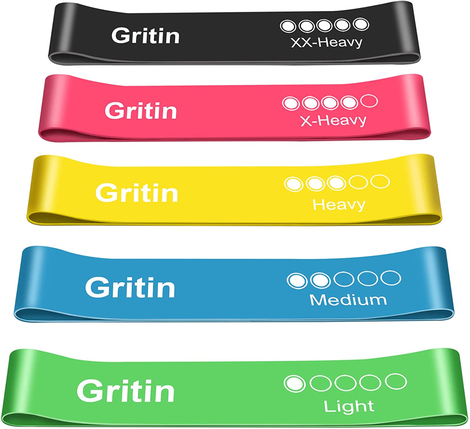 Gritin Resistance Bands, [Set of 5] Skin-Friendly Resistance Fitness Exercise Loop Bands with 5 Different Resistance Levels - Carrying Case Included - Ideal for Home, Gym, Yoga, Training