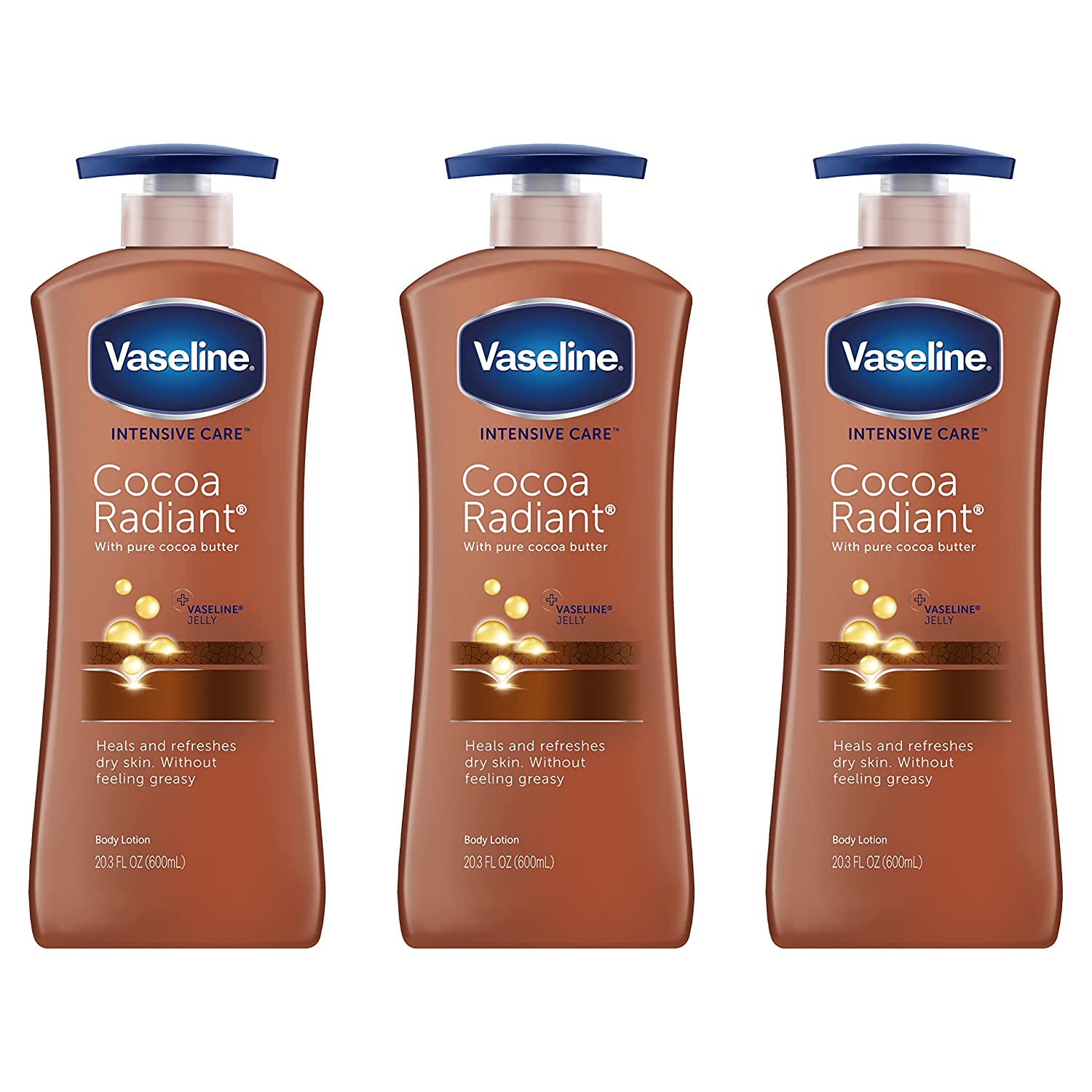 Vaseline Intensive Care Body Lotion for Dry Skin Cocoa Radiant with 100% Pure Cocoa and Shea Butters 20.3 Ounce (Pack of 3)