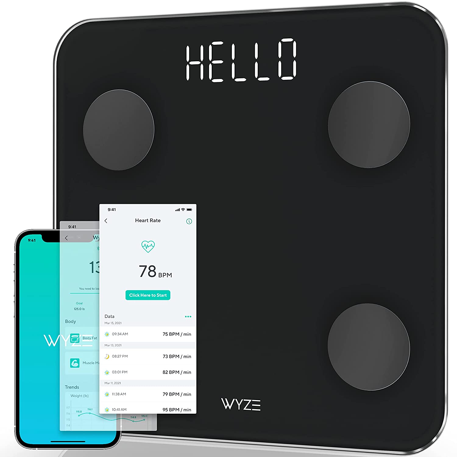 Wyze Scale for Body Weight, Digital Bathroom Scale for Body Fat, BMI, and Weight Loss, Body Composition Analyzer with App sync with Bluetooth, 400 lb, Black